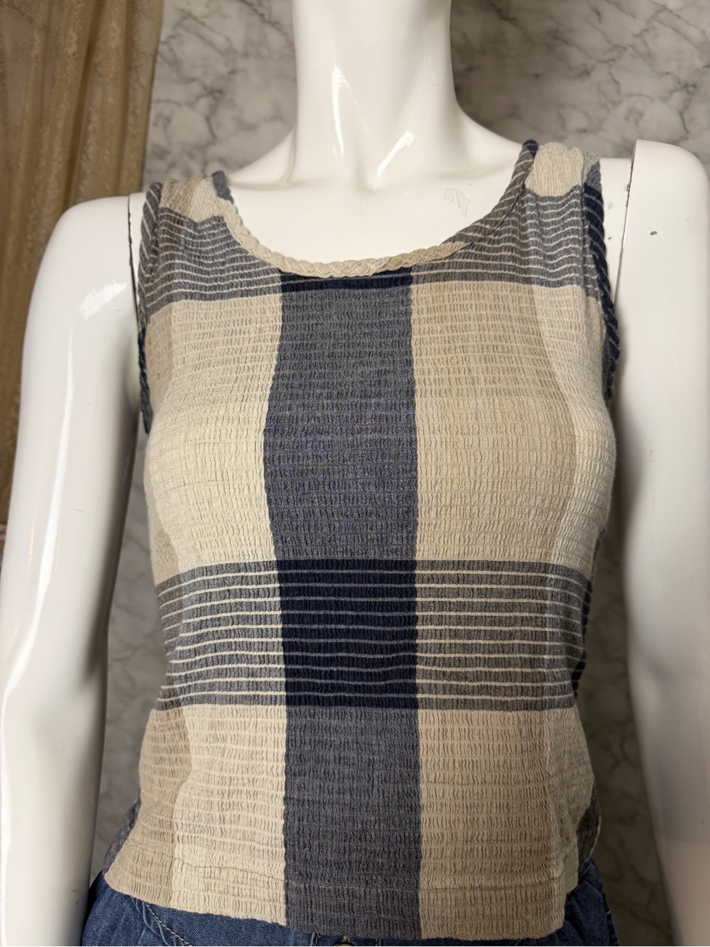 Crinkle Plaid Blue Cream Crinkle Texture Braided Trim 99% Cotton Coastal S